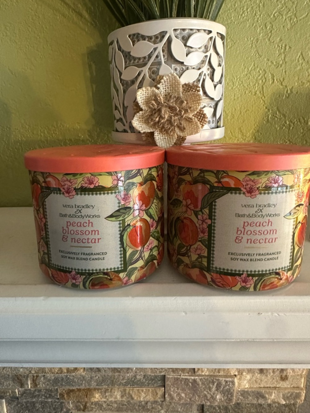 Vera Bradley Peach Blossom & Nectar Scented Candle Bundle- Peach, Gold, White